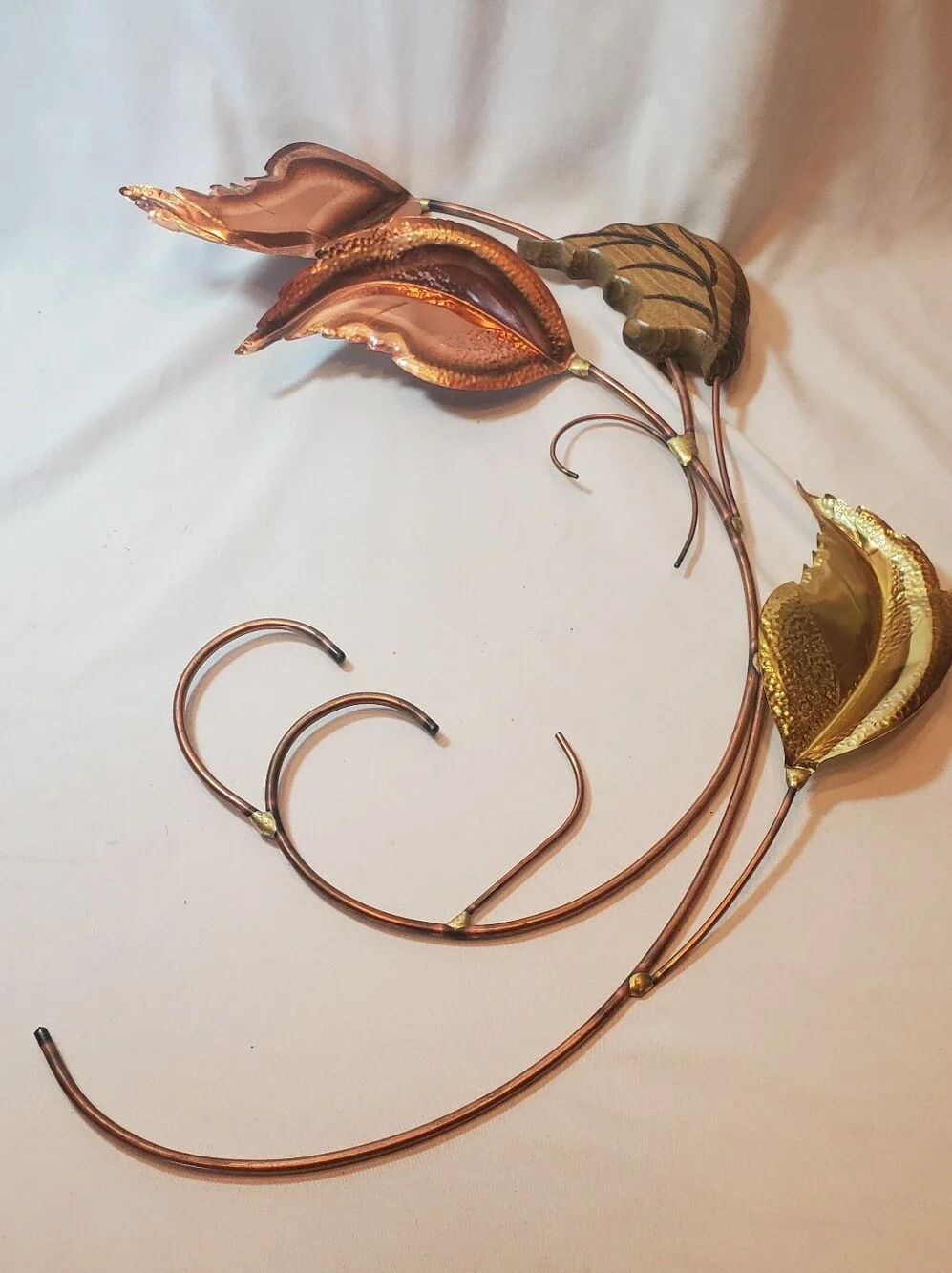 Metal & Wood Vintage Leaves Wall Hanging Brass & Copper MCM 19